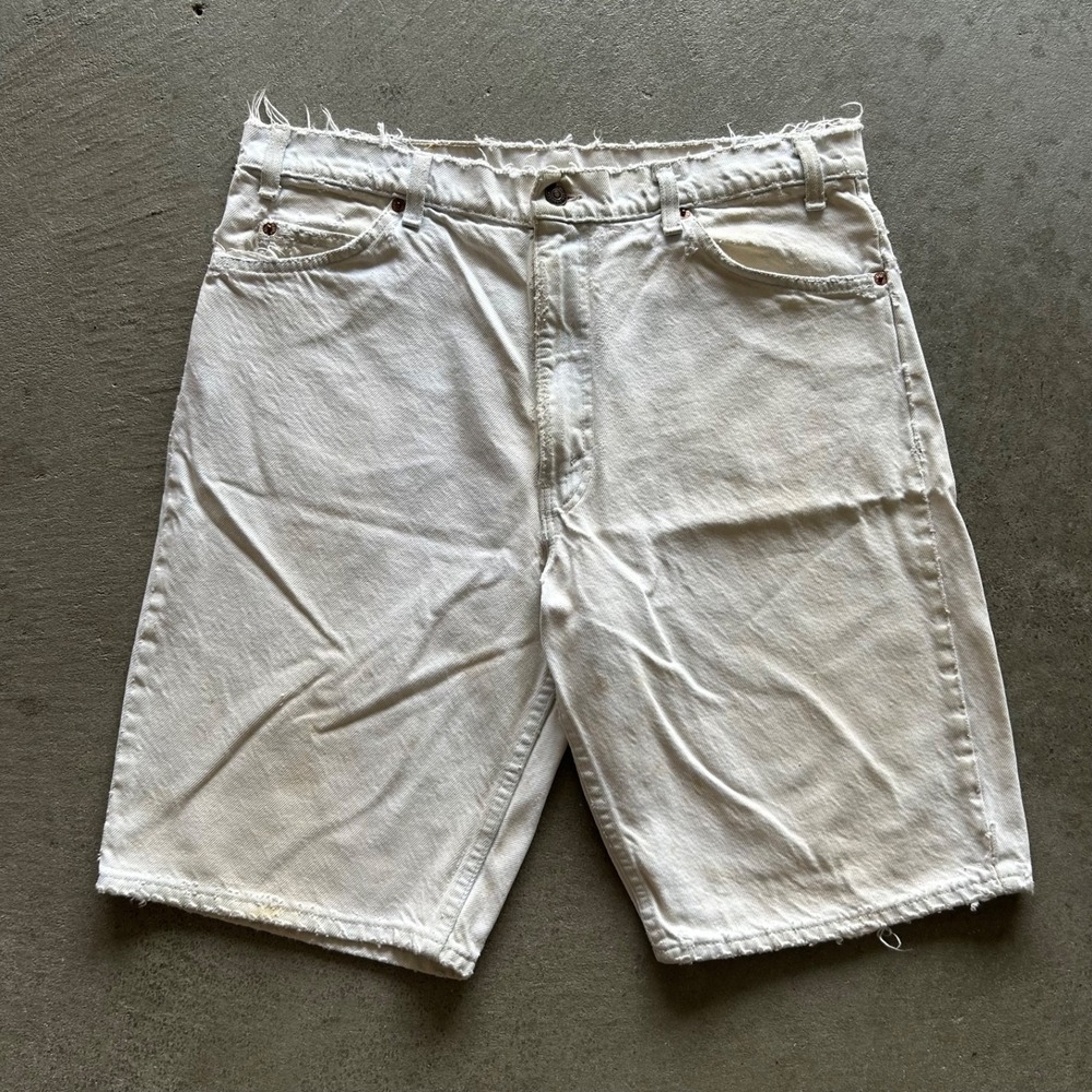 Vintage 90s Levis 550 Denim Shorts Size 36 Off White Orange Tab Jean Distressed